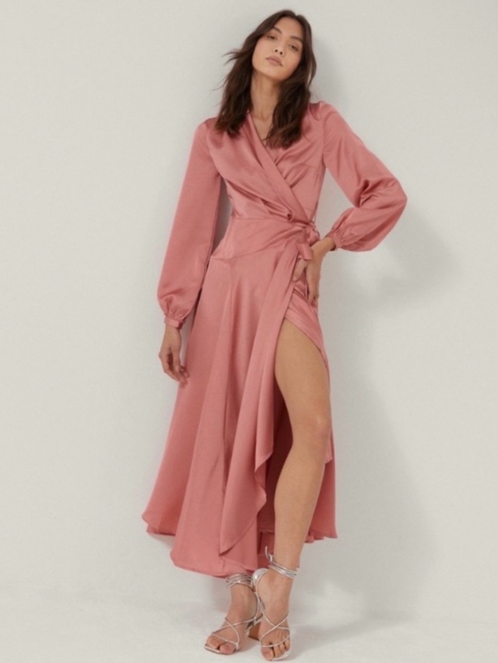 NASTY GAL Rose Satin Wrap Dress
